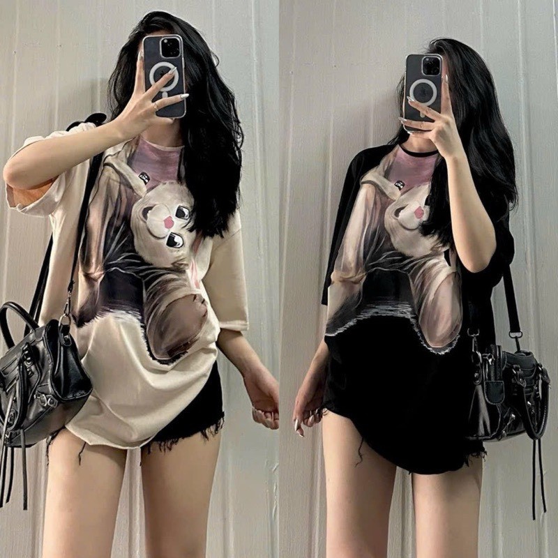 Áo phông hoạ tiết thỏ 2 màu đen/be