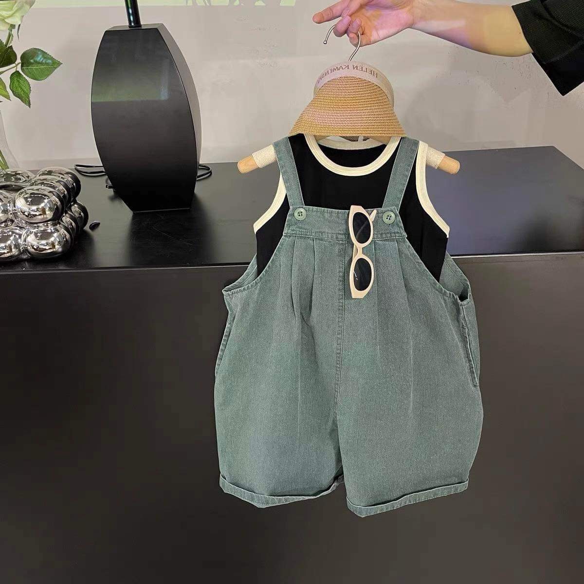 SET VÁY YẾM BÒ XANH MIX ÁO COTTON CHO BG