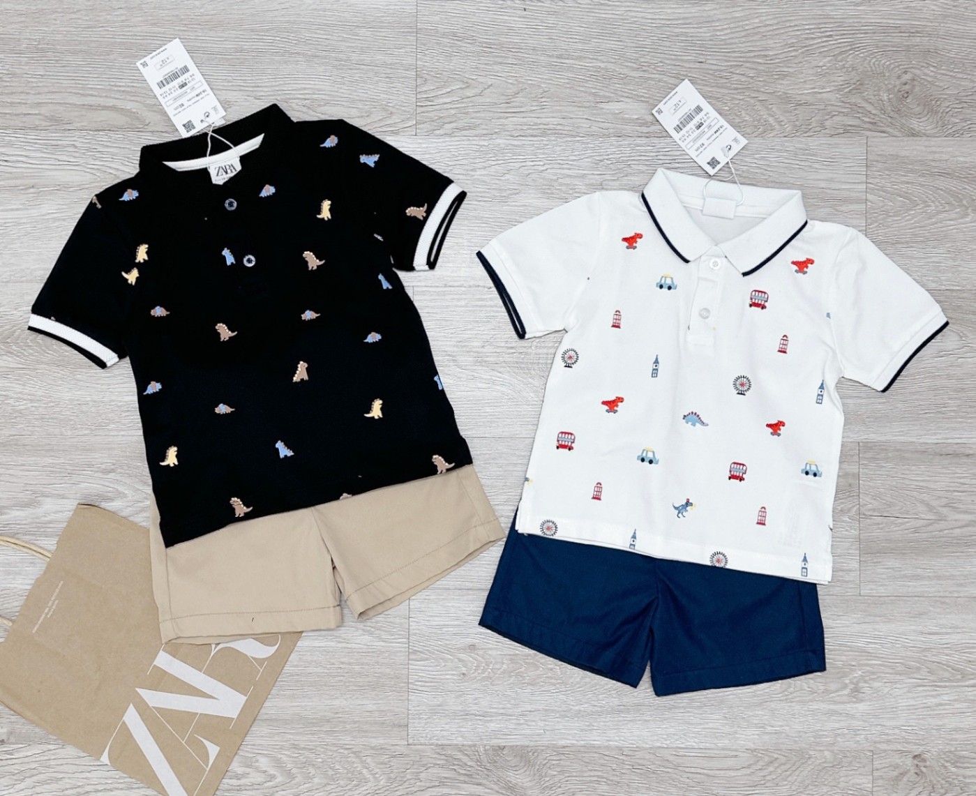 Bộ áo polo hoạ tiết mix kèm quần kaki VNXK 2 màu đen/trắng