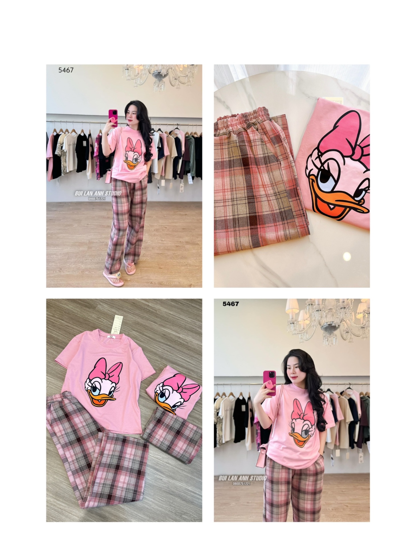 BỘ MICKEY HỒNG QUẦN KẺ CARO