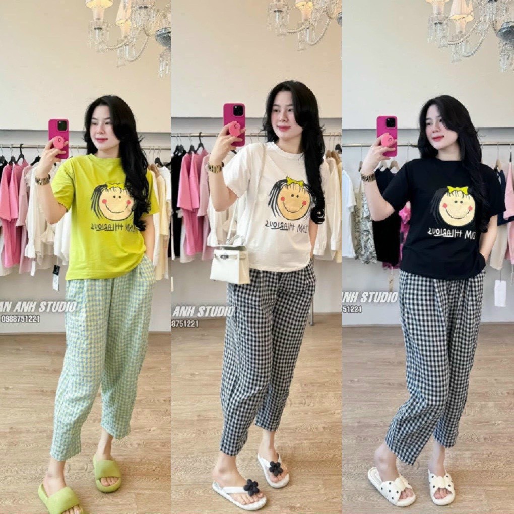Set bộ nữ hình cô gái đeo nơ xanh mix quần caro 6 màu