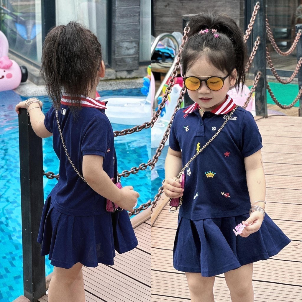 Đầm polo xanh than cổ sọc