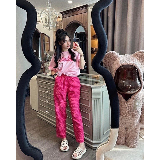 SET BỘ ÁO BABIE HỒNG MIX QUẦN KẺ CARO CÙNG TONE