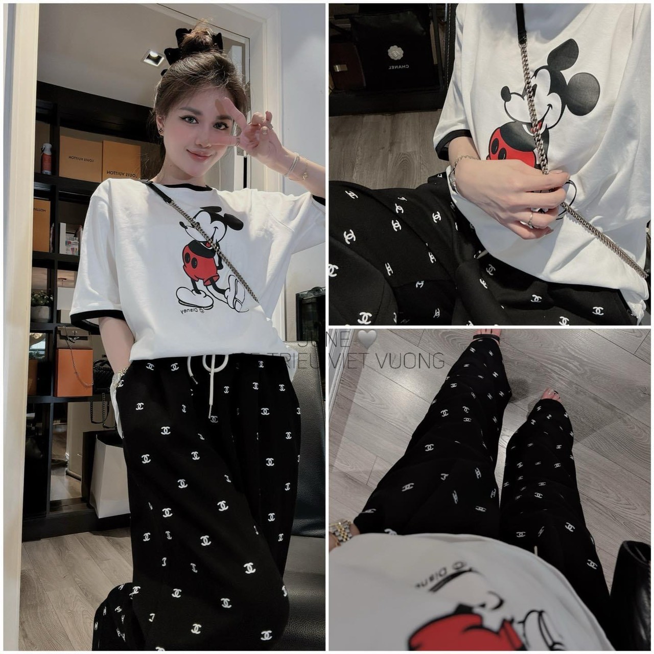 SET MICKEY CỔ VIỀN ĐEN MIX QUẦN CHANNEL