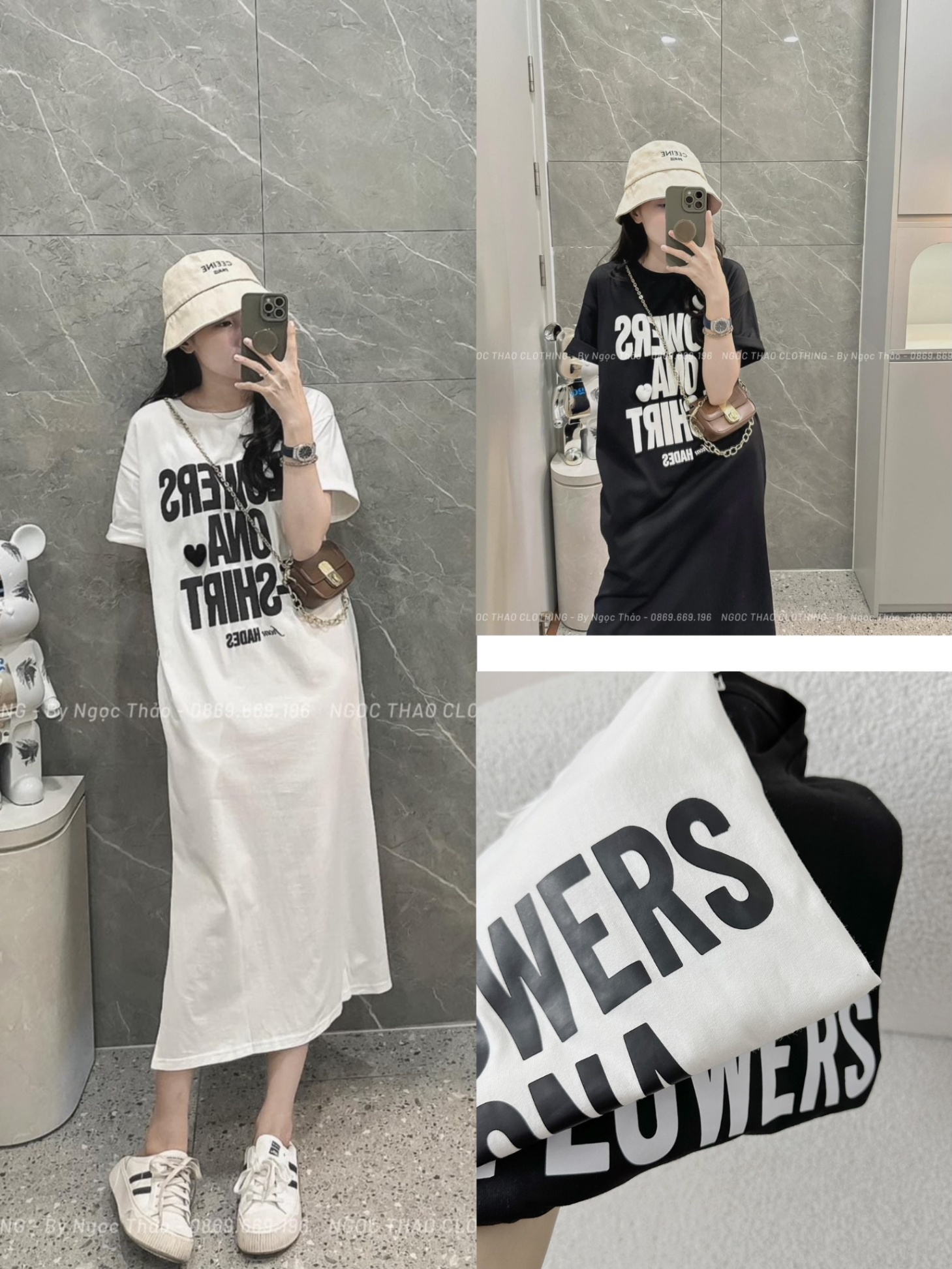 VÁY SUÔNG IN CHỮ 2 MÀU ĐEN TRẮNG CHO NỮ