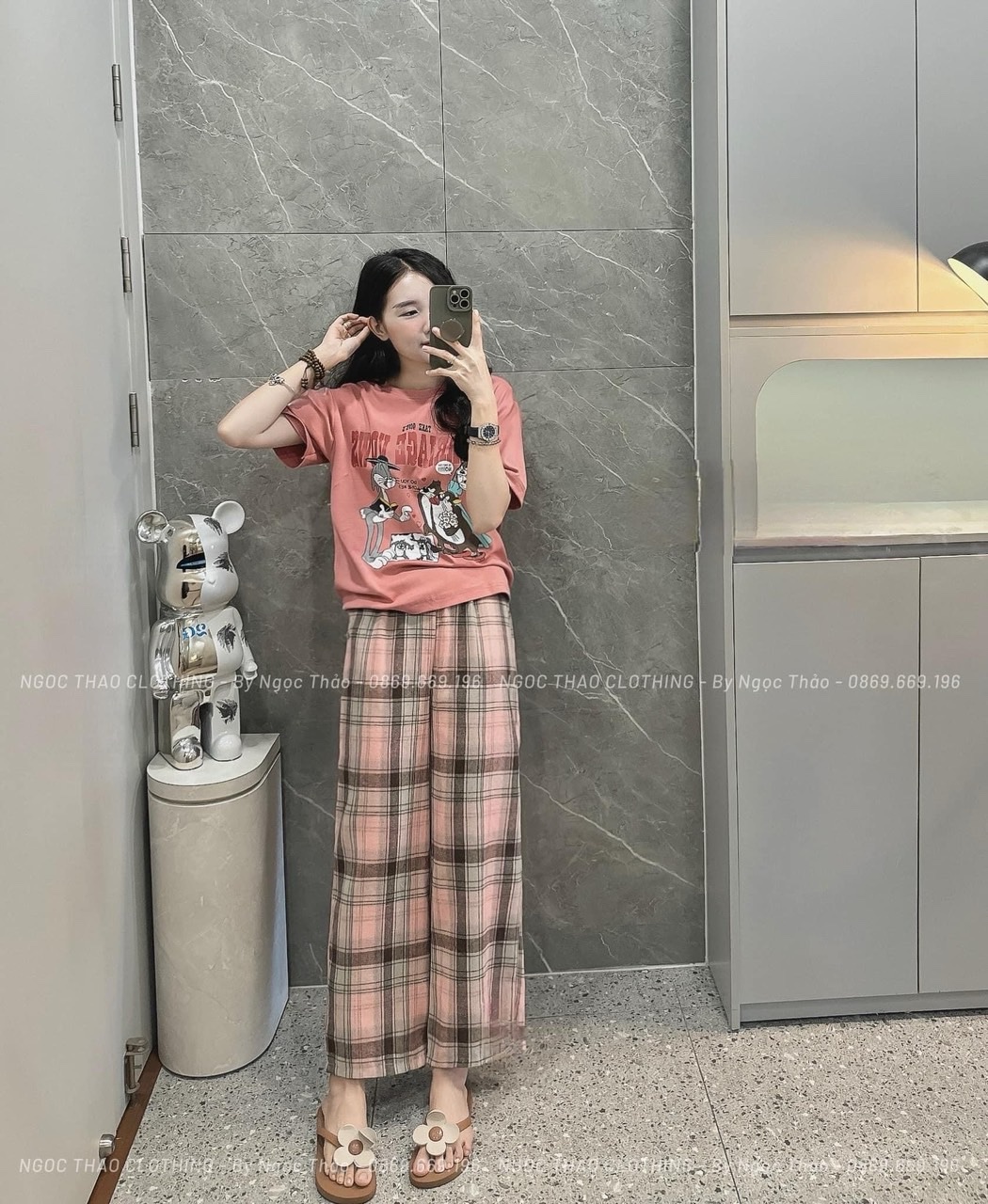 SET ÁO THỎ HỒNG CAM MIX QUẦN KẺ CARO