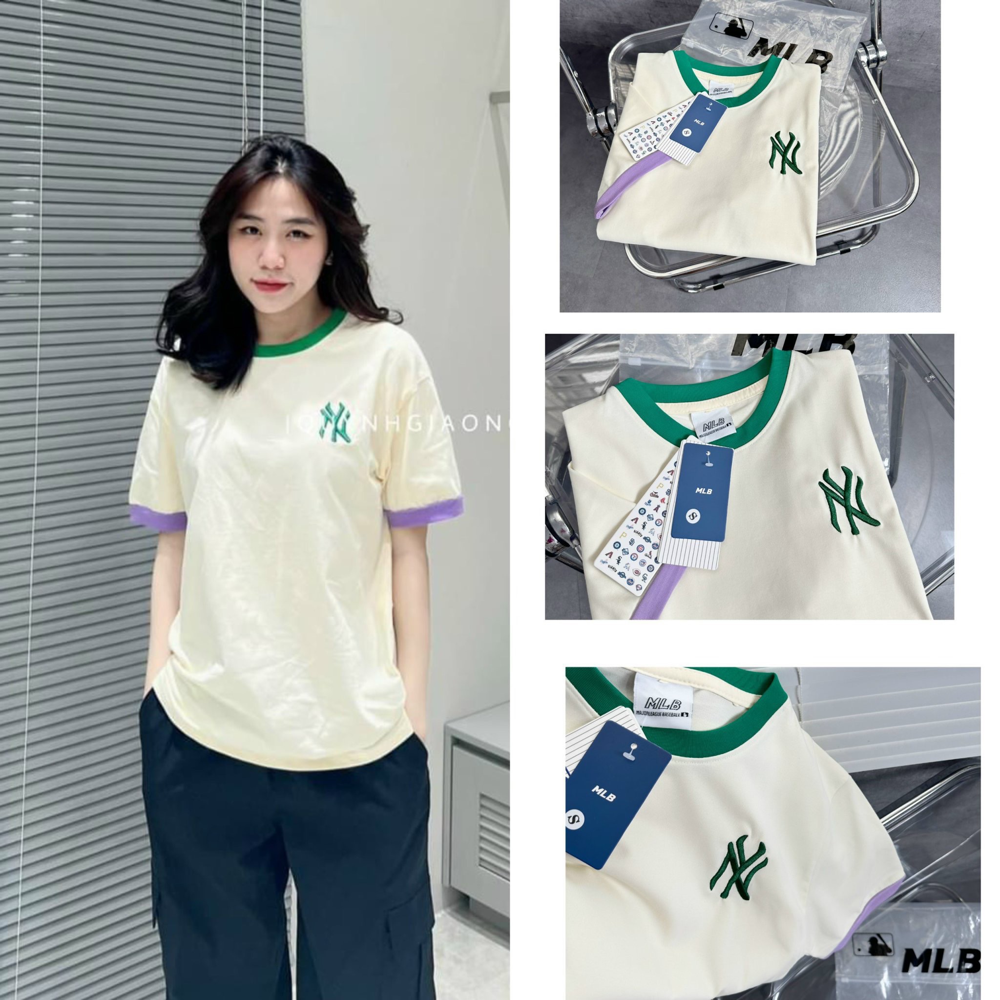ÁO NY CHỮ XANH NỀN BE