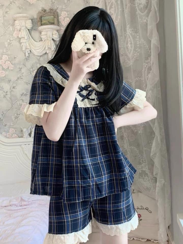 SET BỘ NGỦ KẺ CARO XANH CỔ REN BÈO QC