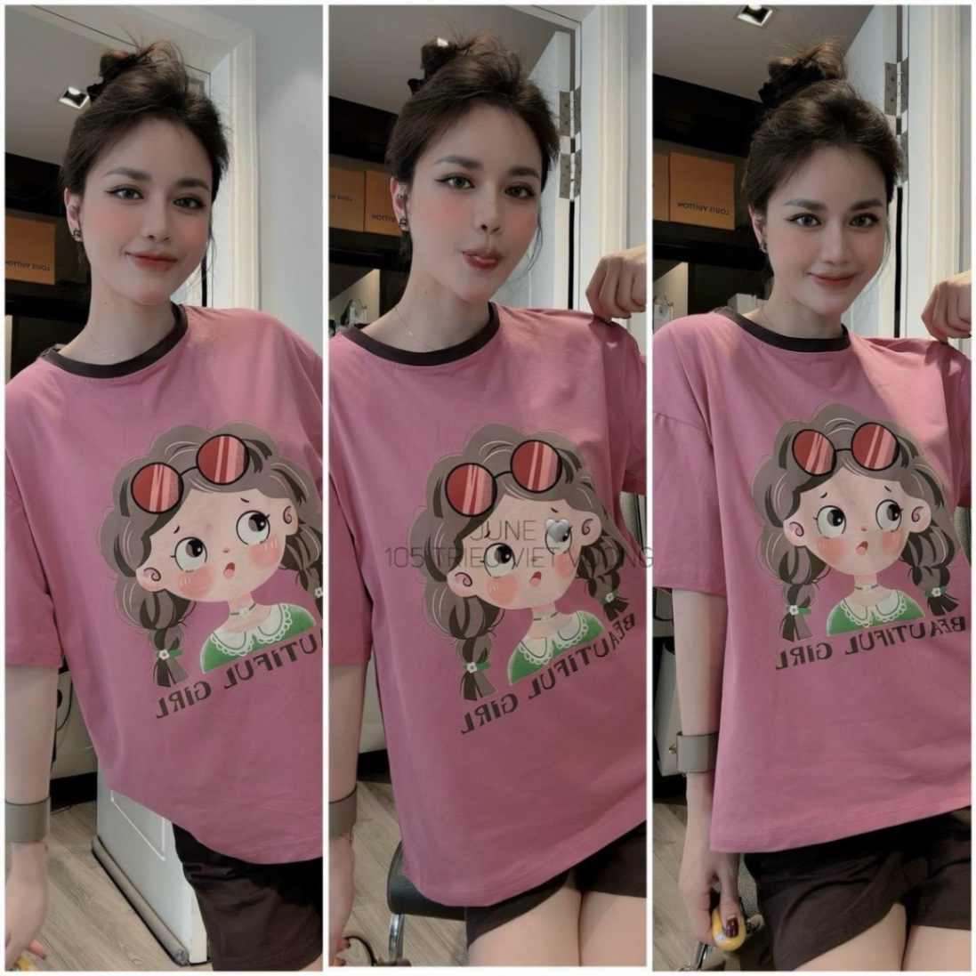 BỘ CÔ GÁI ĐEO HÌNH MÀU HỒNG QUẦN NÂU