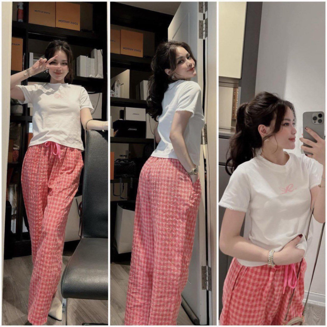 SET ÁO IN NƠ MIX QUẦN CARO