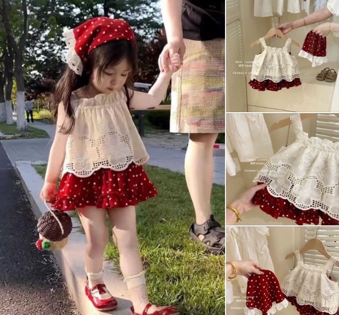 SET ÁO 2 DÂY MIX QUẦN CHẤM BI ĐỎ