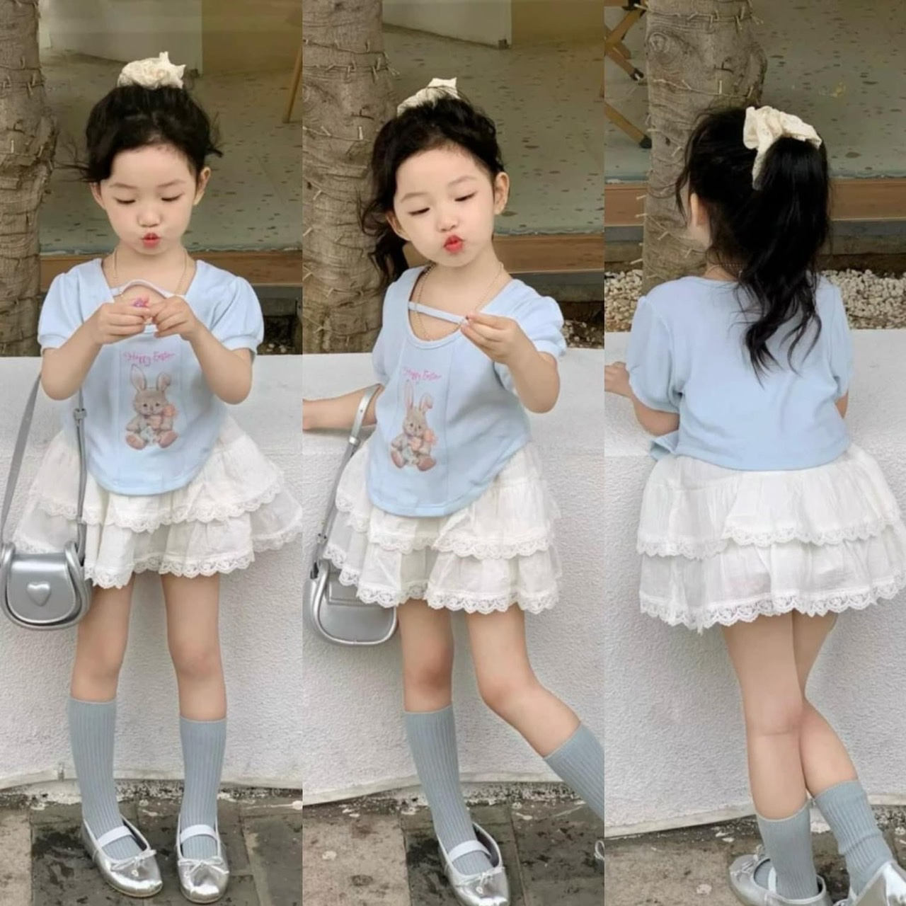 ÁO THỎ XANH MIX CHÂN VÁY REN TRẮNG