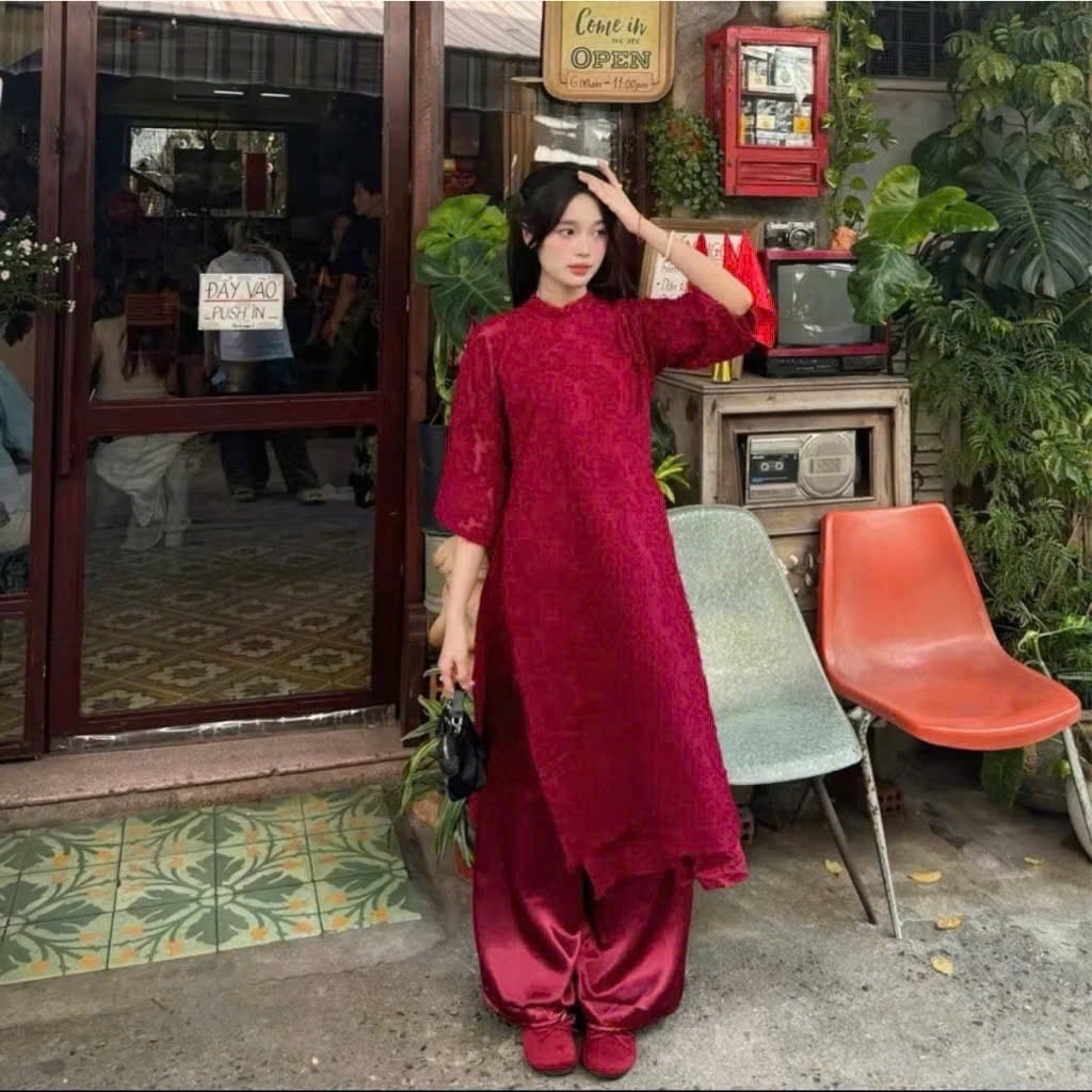 set áo dài lông vũ đỏ