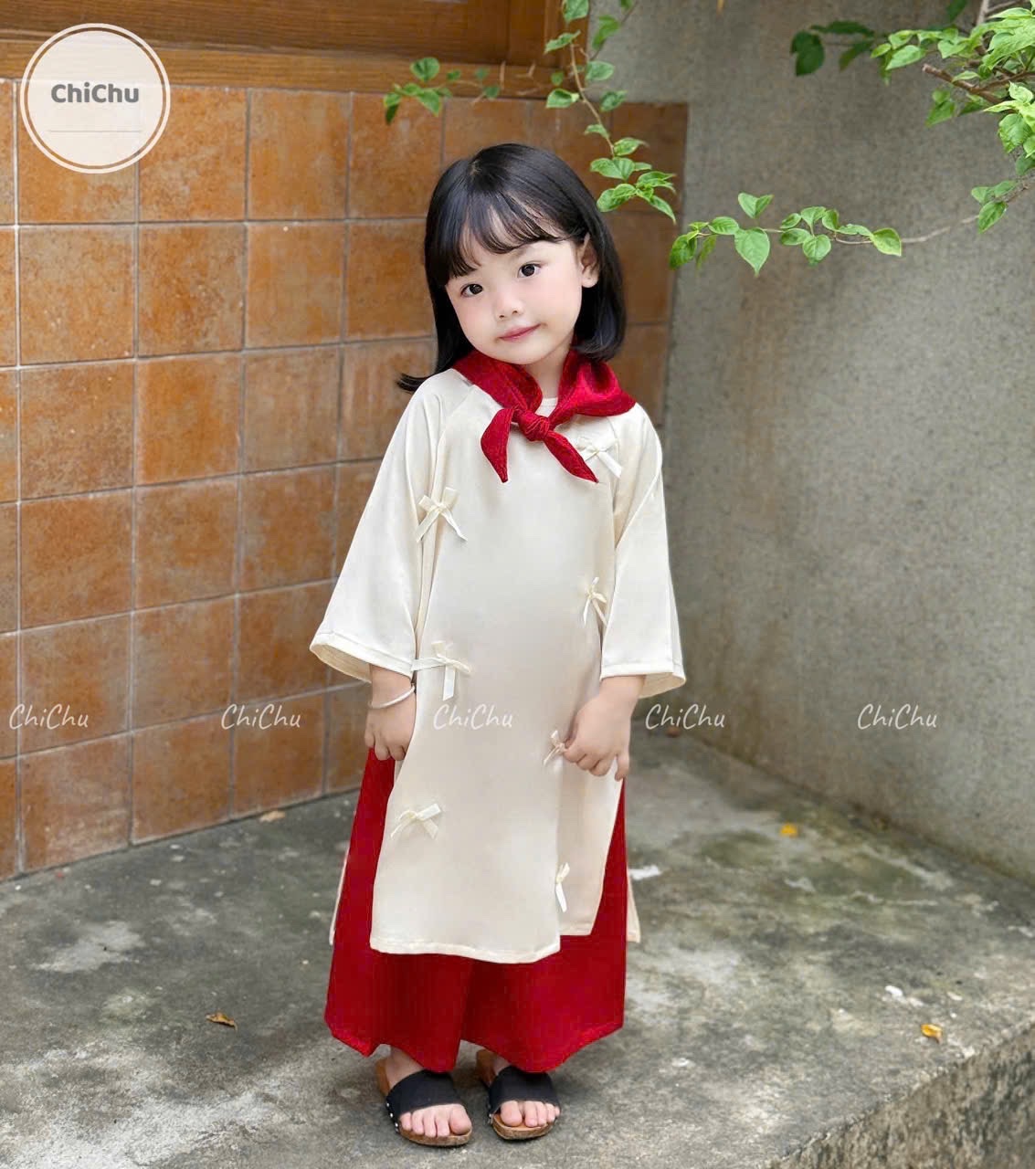 set áo dài trắng khăn đỏ BG