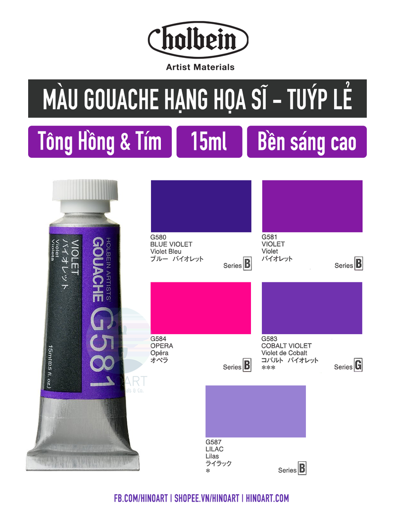 Màu Gouache lẻ Holbein Tông màu Tím - Hồng