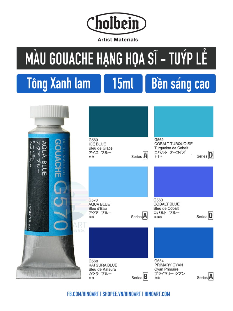 Màu Gouache lẻ Holbein Tông màu Xanh lam