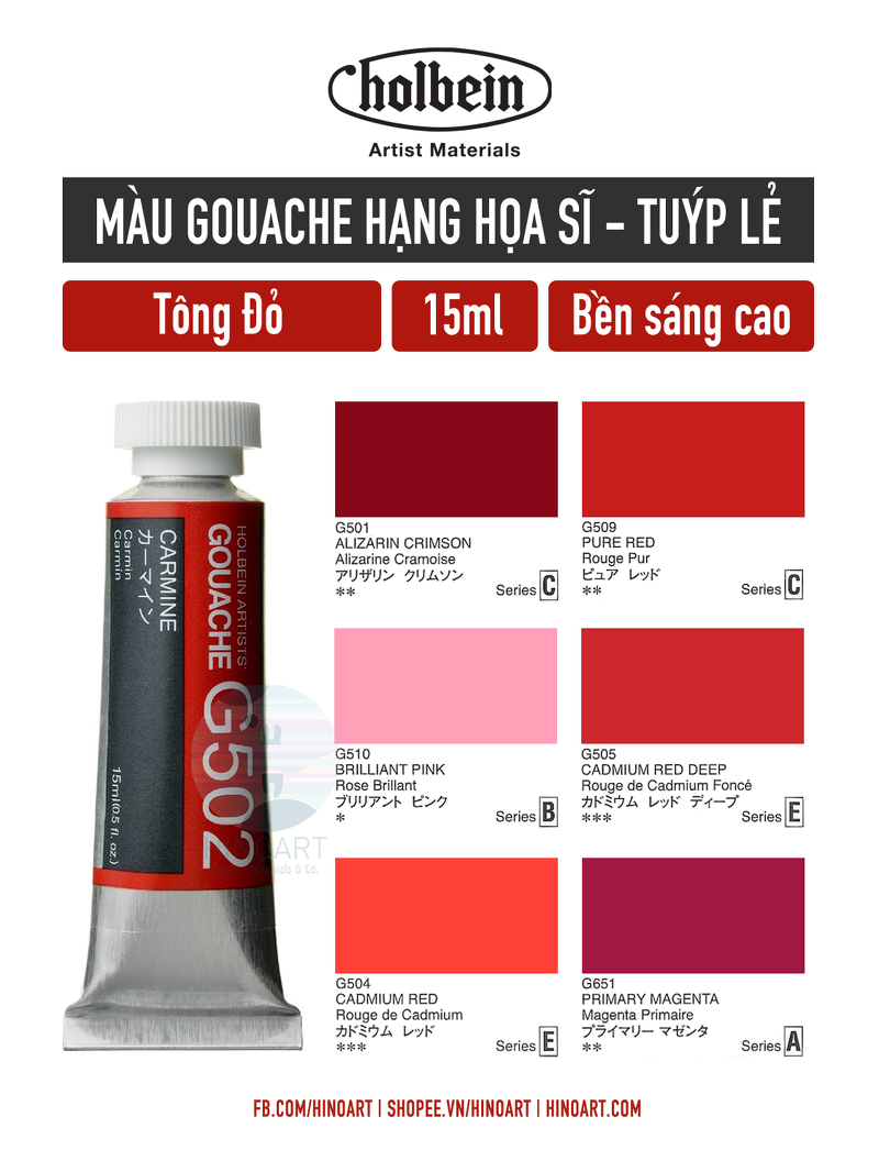 Màu Gouache lẻ Holbein Tông màu Đỏ