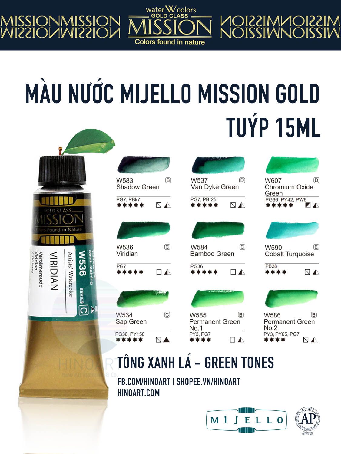 Màu nước Mijello Gold tuýp lẻ (7ml/15ml) - Xanh lục