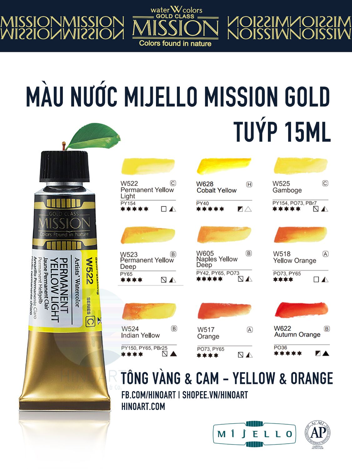 Màu nước Mijello tuýp lẻ (7ml/15ml) - Vàng & Cam