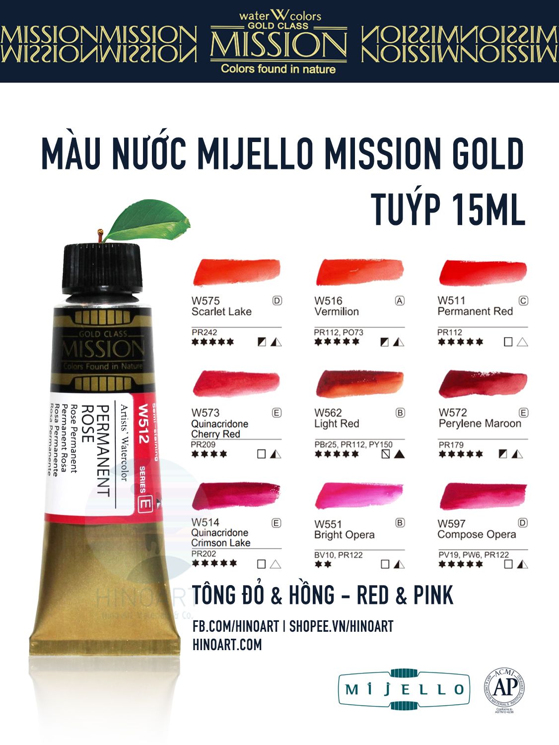 Màu nước Mijello Gold tuýp lẻ (7ml/15ml) - Đỏ & Hồng