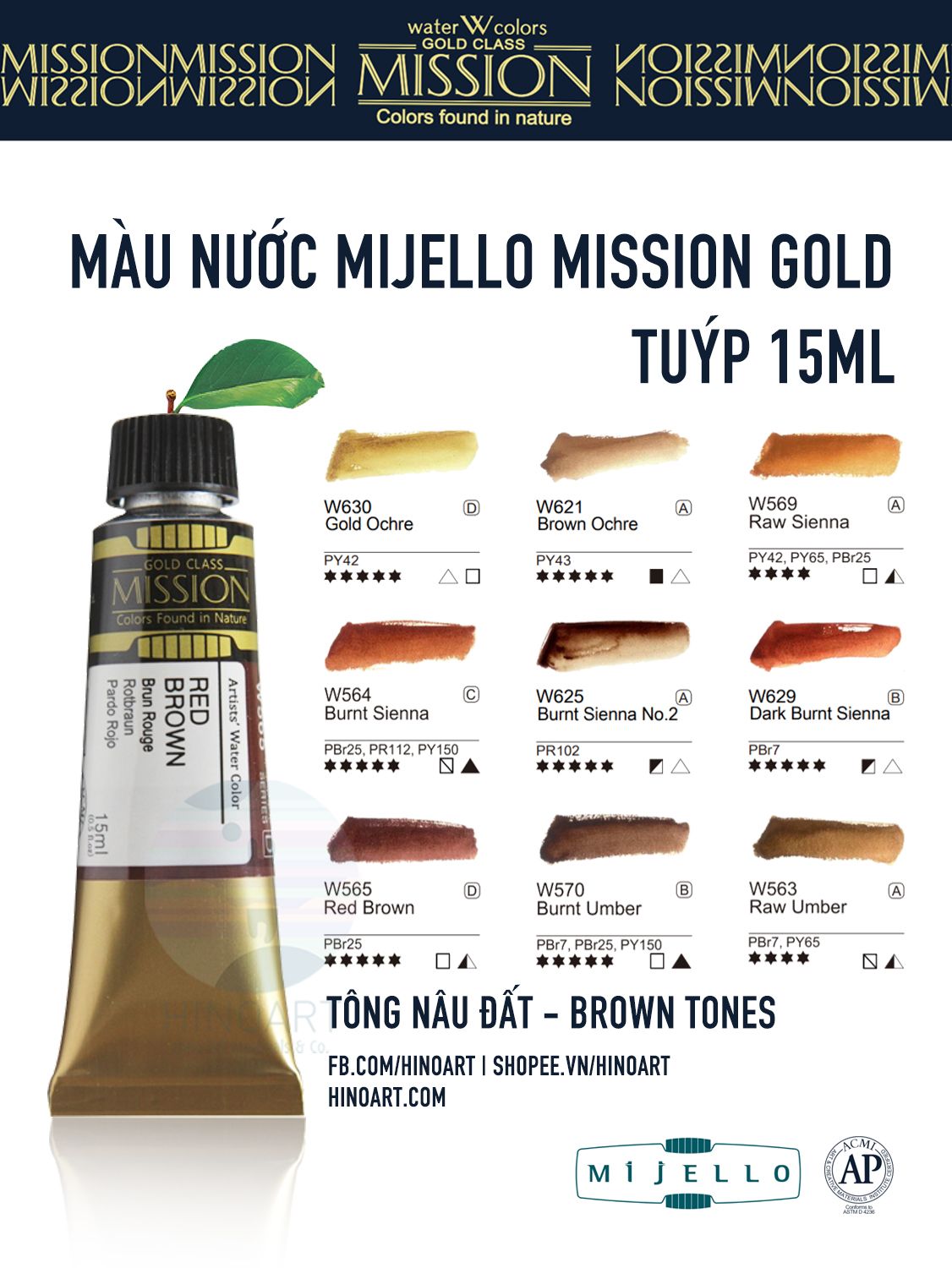 Màu nước Mijello Gold tuýp lẻ (7ml/15ml) - tông Nâu & Earth