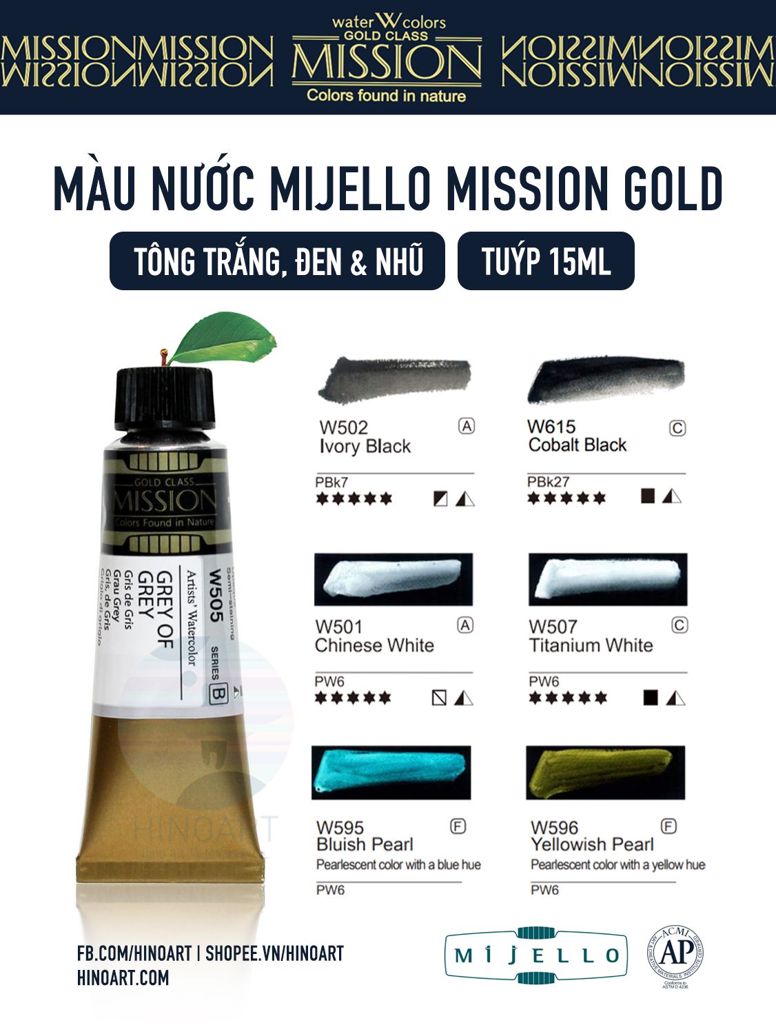 Màu nước Mijello Gold tuýp lẻ (7ml/15ml) - Đen, Trắng & màu nhũ