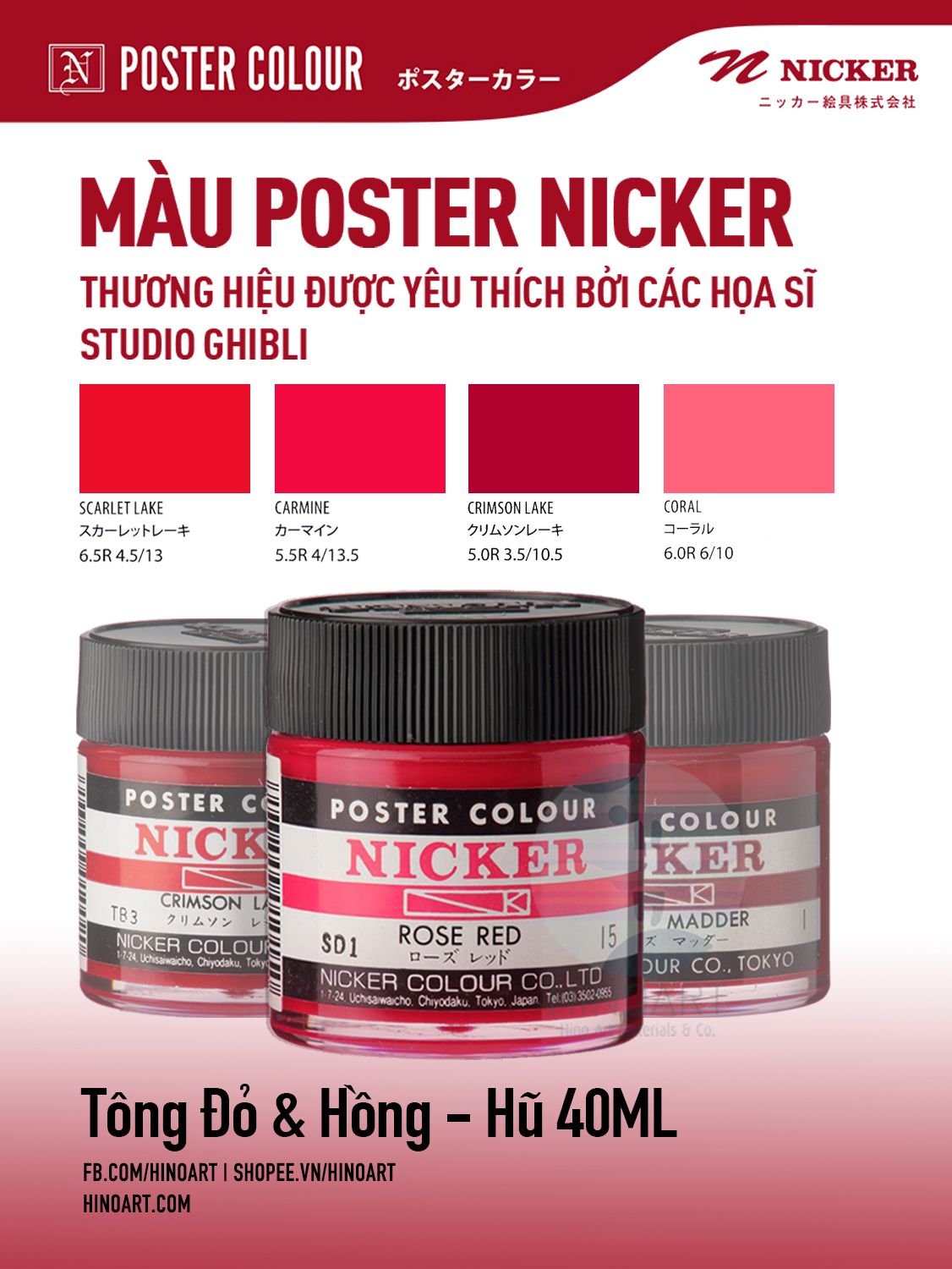 Màu vẽ poster Nicker dạng hũ dung tích 40ml tông Đỏ, Hồng