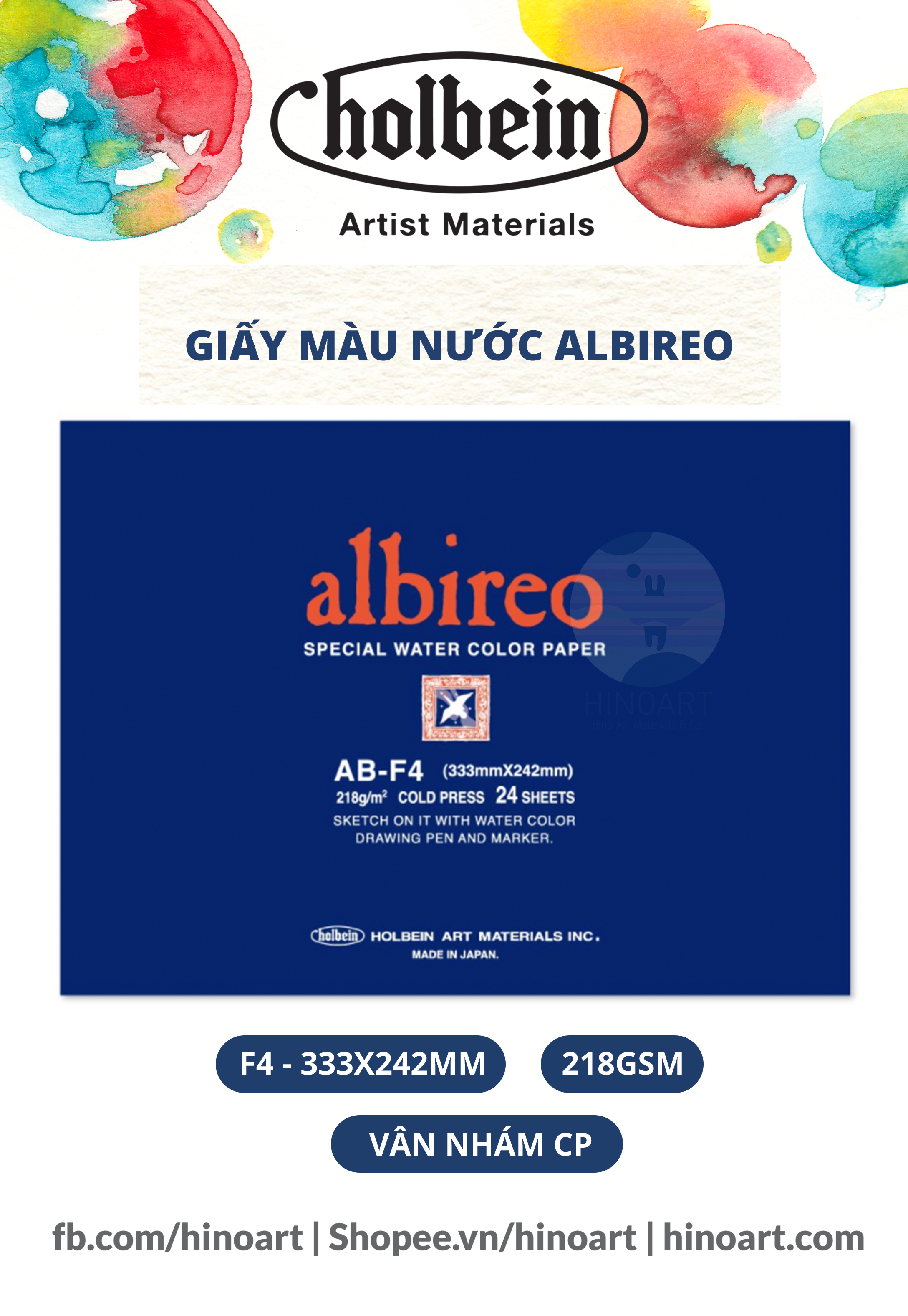 Giấy màu nước Holbein Albireo size F4 - 24 tờ