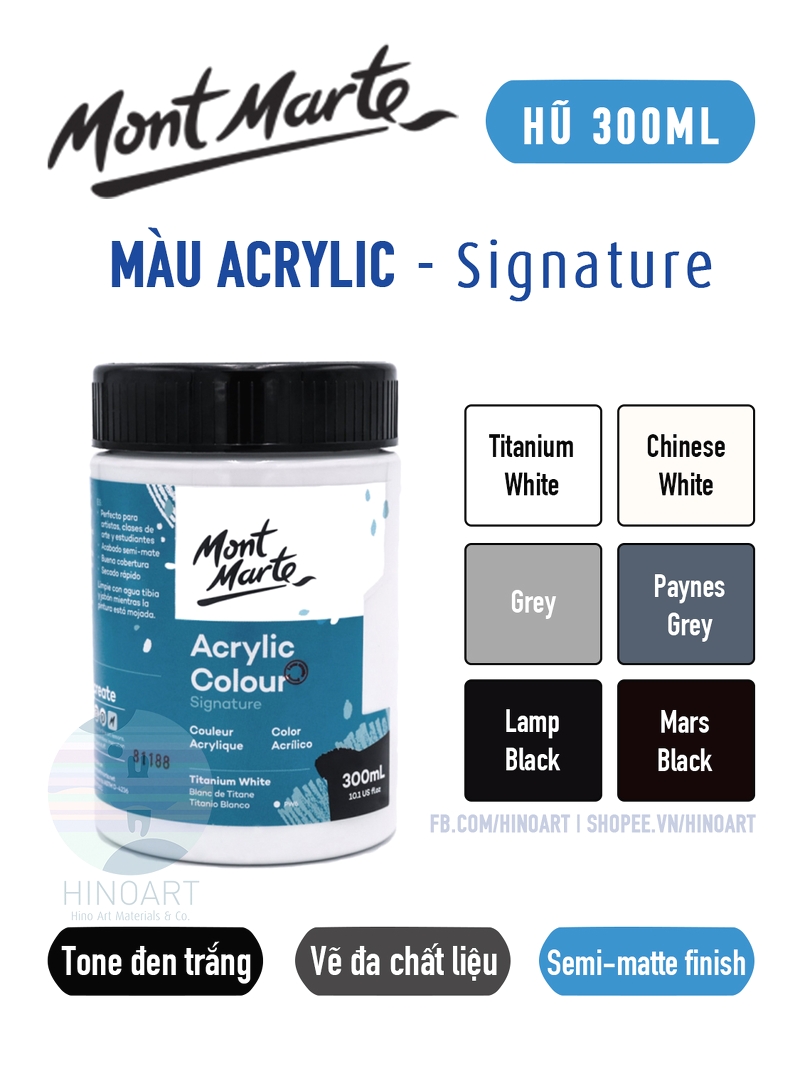 Acrylic Mont Marte tông Đen/ Trắng hũ 300ml