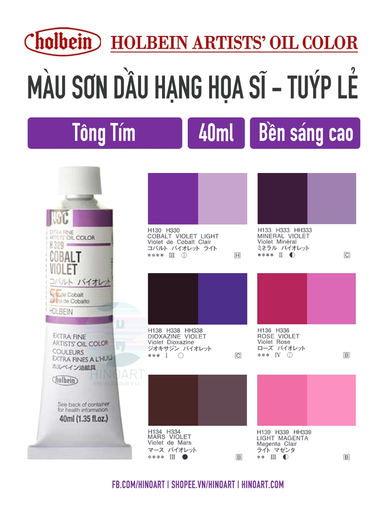 Sơn dầu Holbein tuýp lẻ 40ml - Tông tím