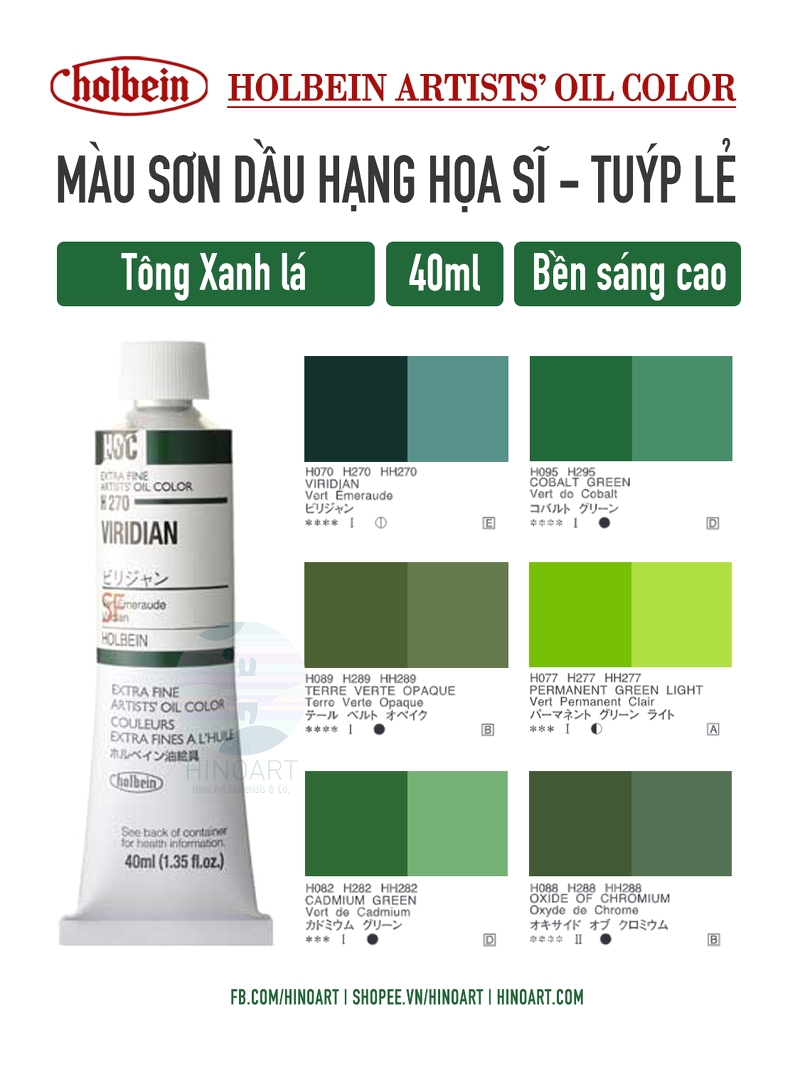 Sơn dầu Holbein tuýp lẻ 40ml - Tông xanh lá