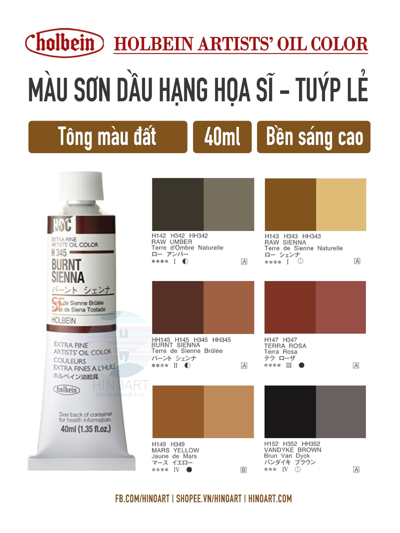 Sơn dầu Holbein tuýp lẻ 40ml - Tông nâu đất