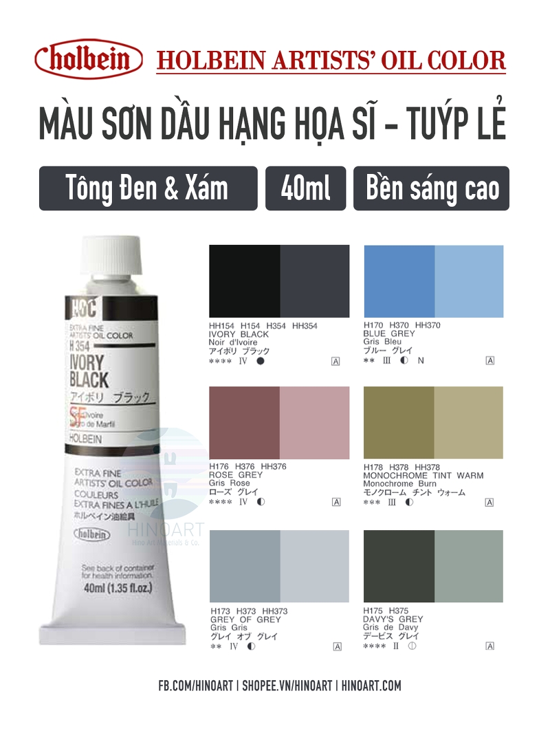 Sơn dầu Holbein tuýp lẻ 40ml - Tông đen xám