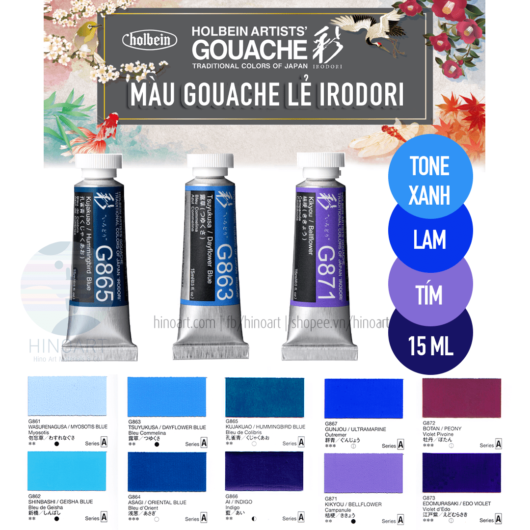 Màu Gouache lẻ Holbein Irodori tông xanh lam/xanh dương/tím - tuýp 15ml