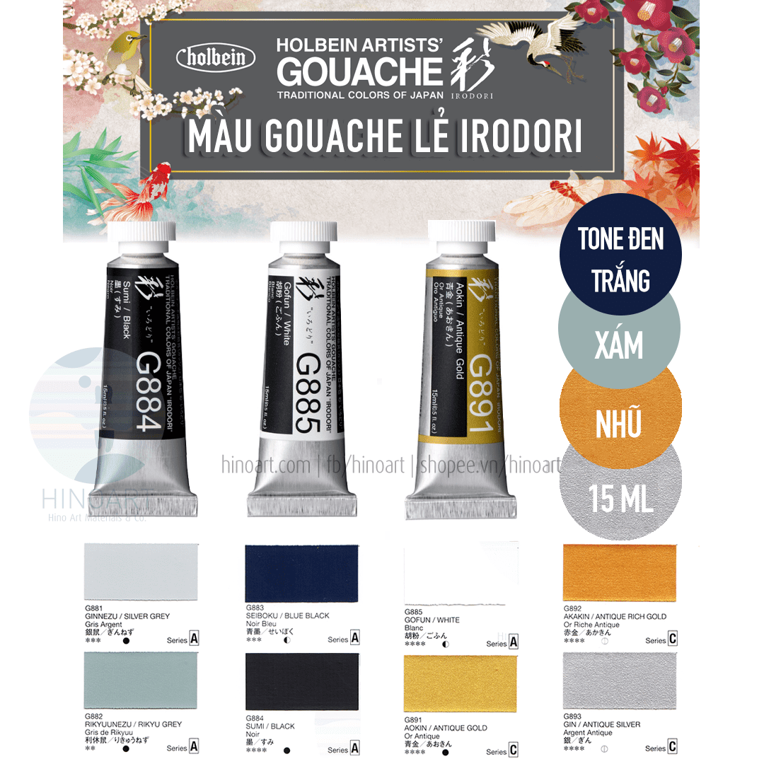 Màu Gouache lẻ Holbein Irodori tông đen trắng xám nhũ - tuýp 15ml