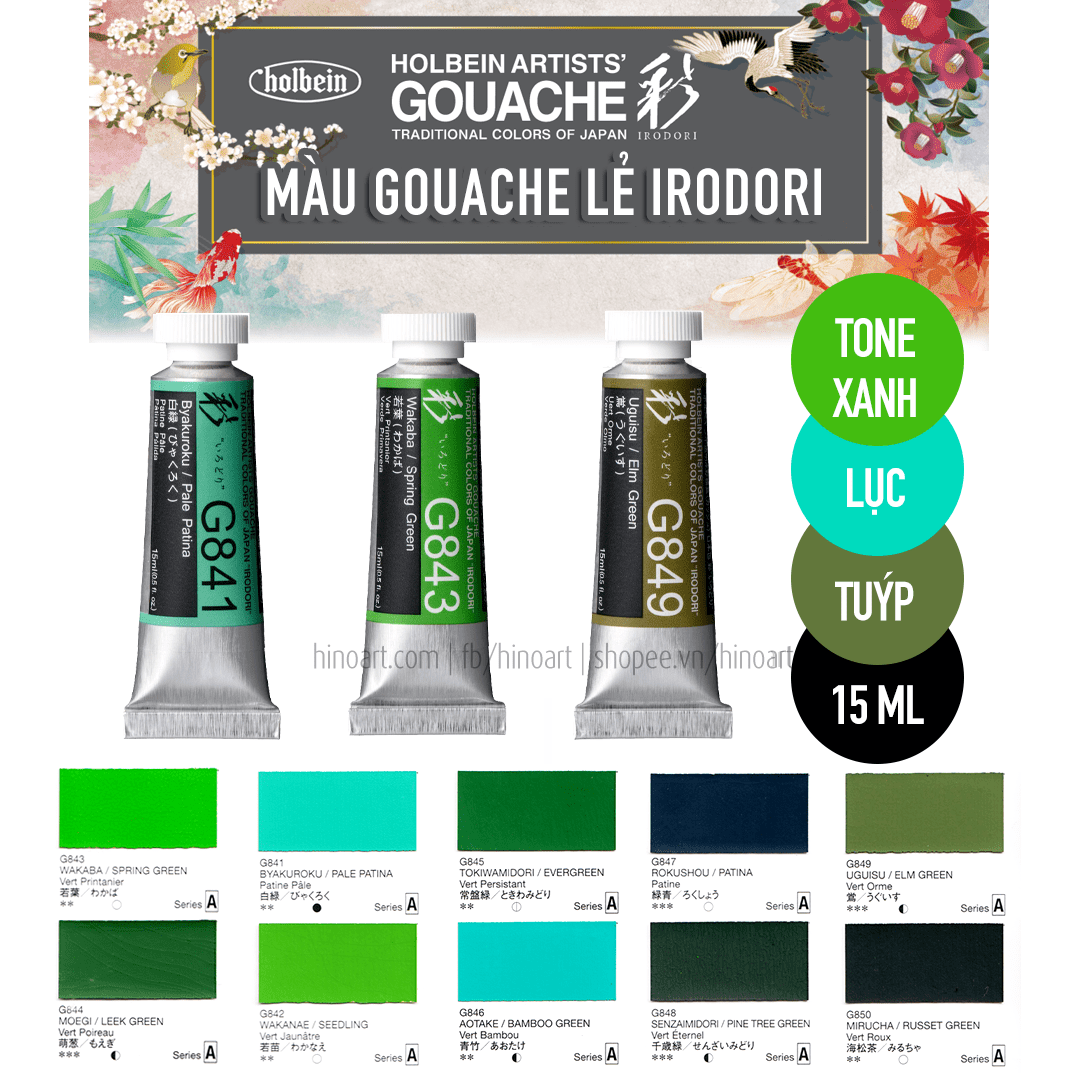 Màu Gouache lẻ Holbein Irodori tông xanh lục/xanh lá - tuýp 15ml