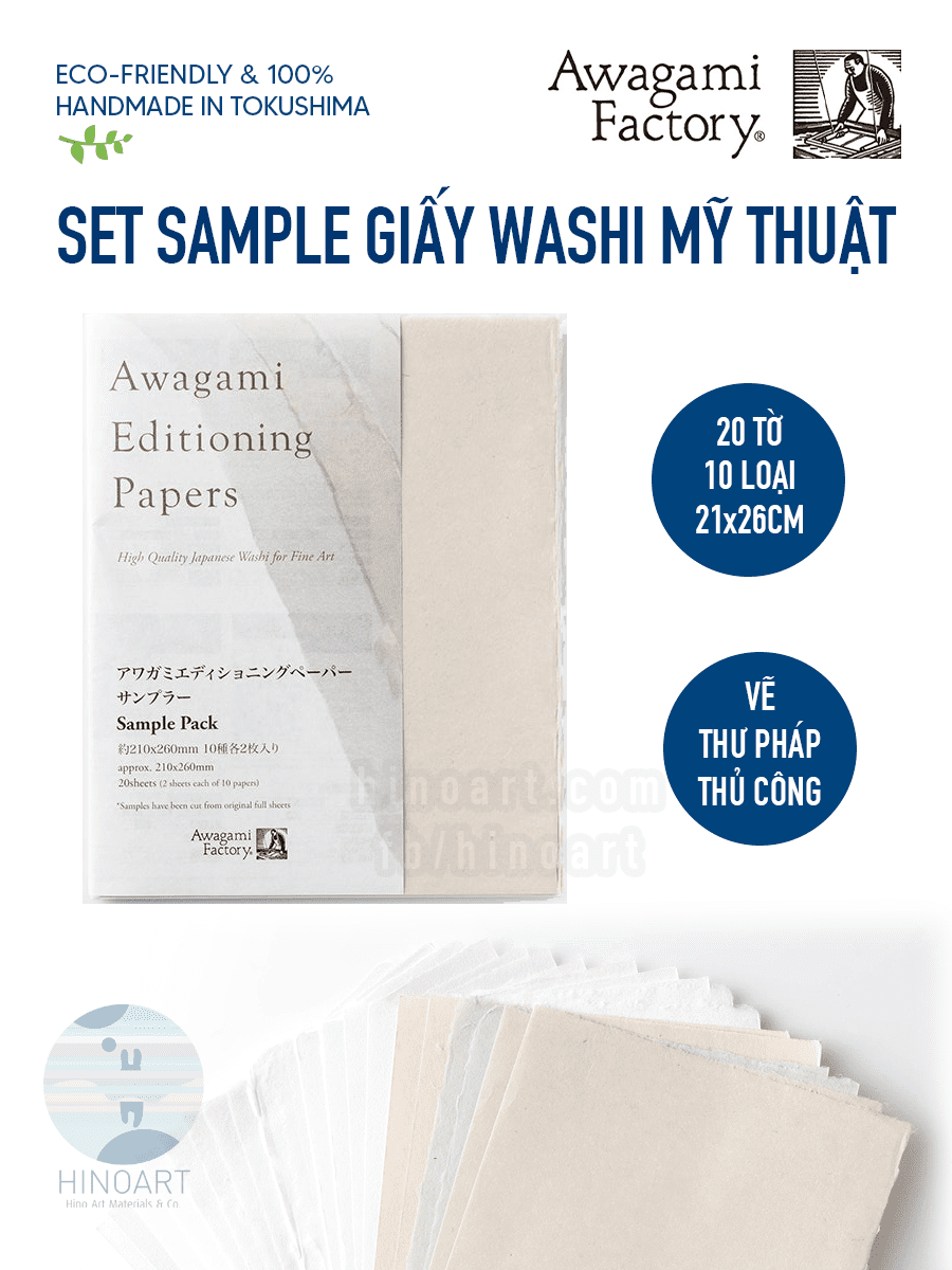 Set mix giấy washi Awagami Editioning Sample Pack 10 loại 20 tờ size A4