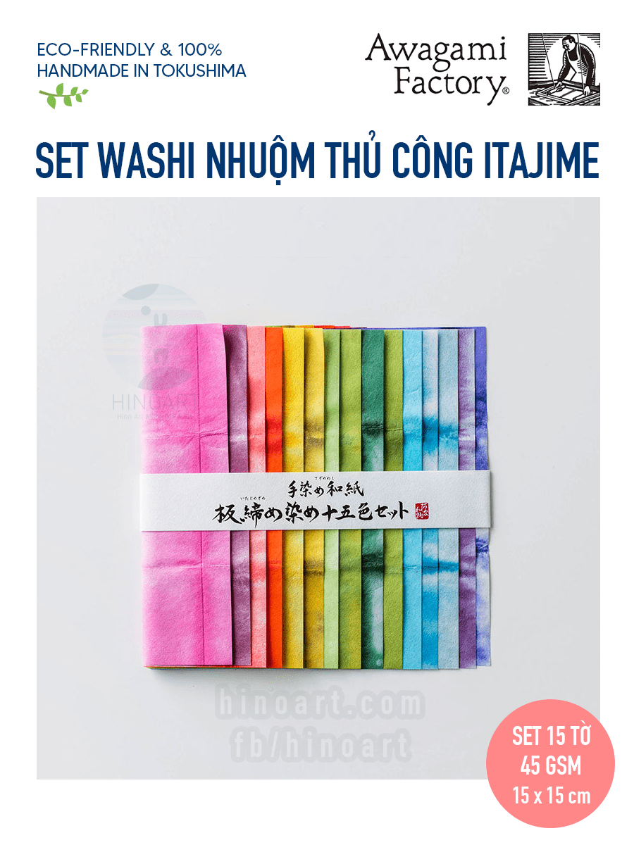 Set washi nhuộm thủ công Awagami Itajime 15 tờ 15 x 15cm 45gsm mix nhiều màu