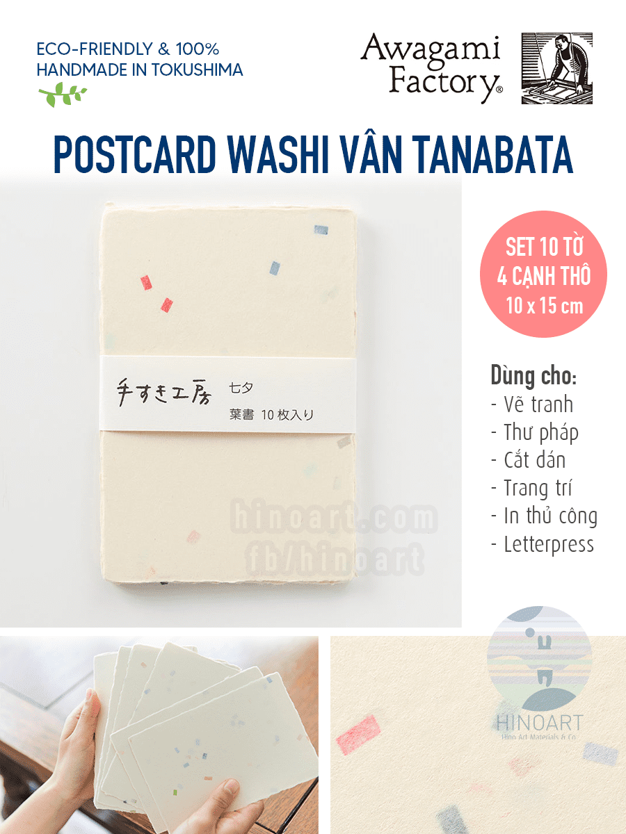 Set postcard washi thủ công Awagami Tanabata Confetti Thick Postcards 10 tờ 10x15cm 4 cạnh thô