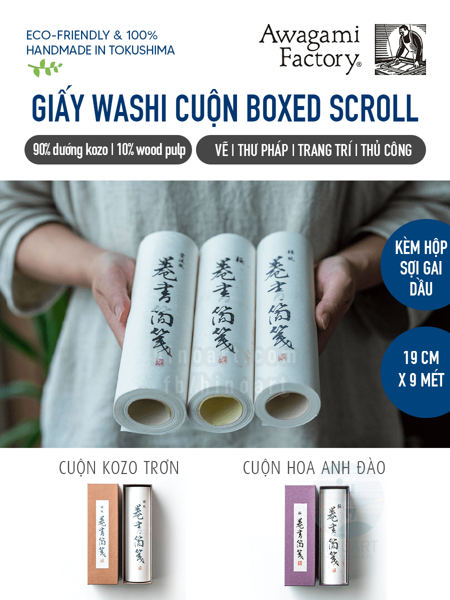 Giấy washi Awagami Boxed Scroll dạng cuộn kèm hộp khổ 19cm x 9 mét (2 màu)