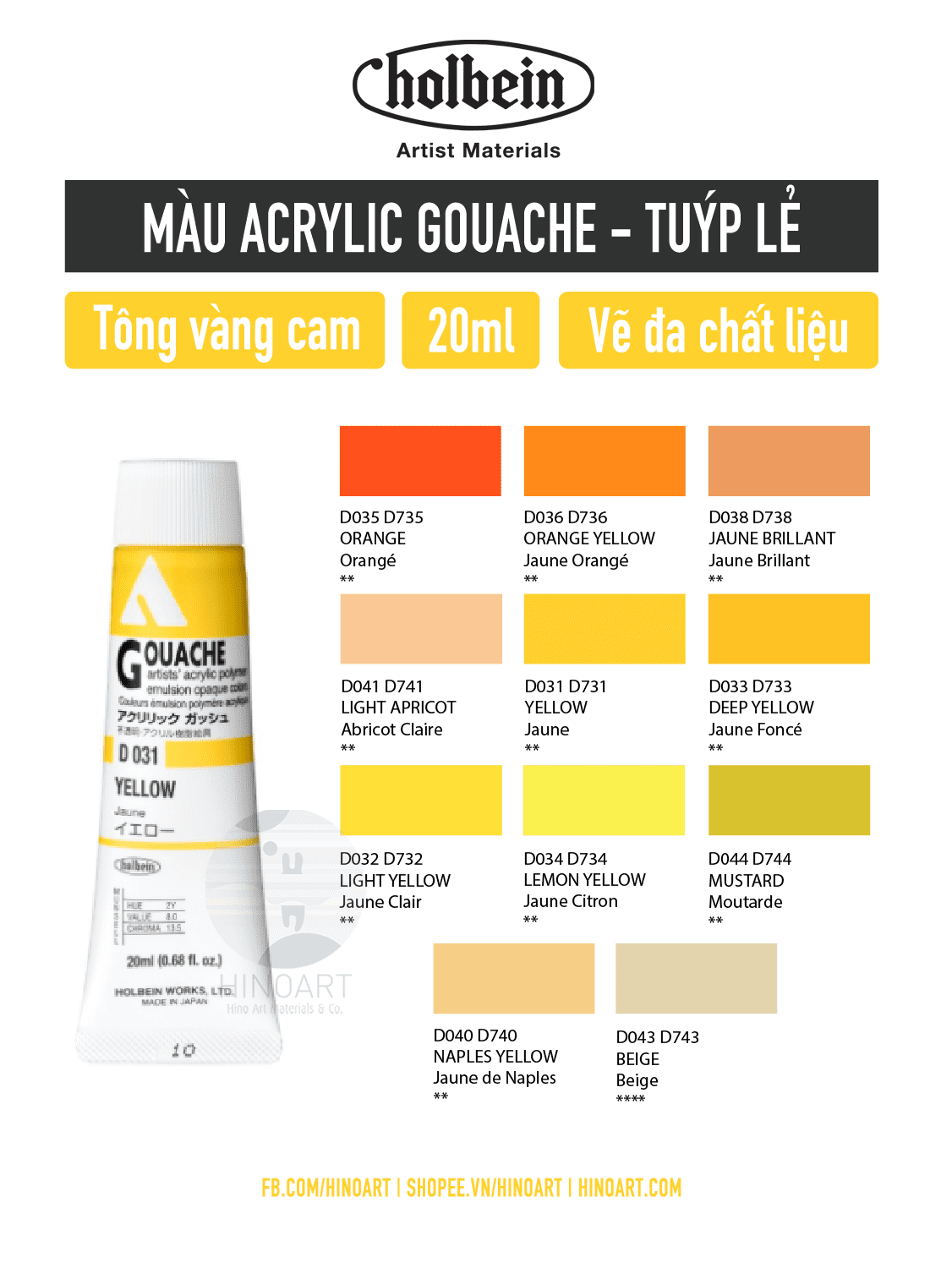 Màu Acrylic Gouache Holbein tông vàng cam - tuýp 20ml