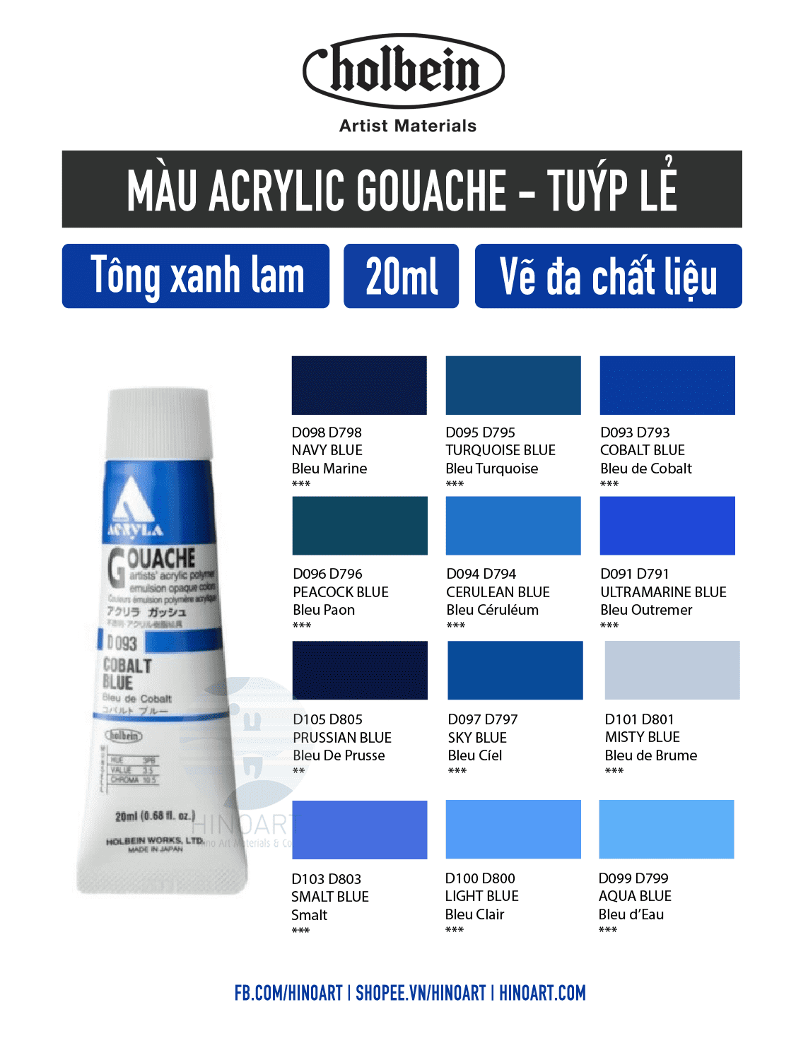 Màu Acrylic Gouache Holbein tông xanh lam - tuýp 20ml