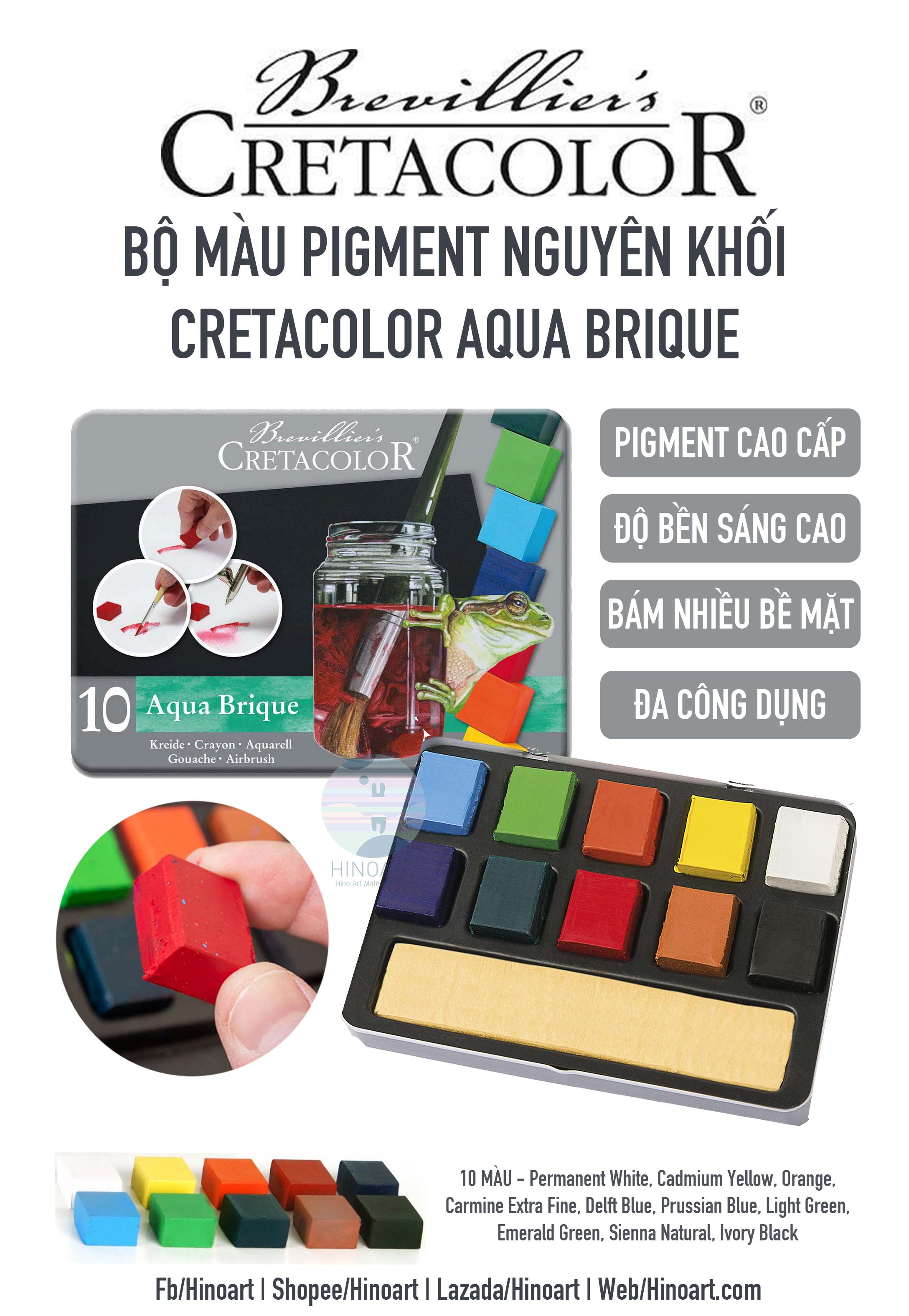 Bộ màu pigment nén nguyên khối Cretacolor Aqua Brique - 10 màu