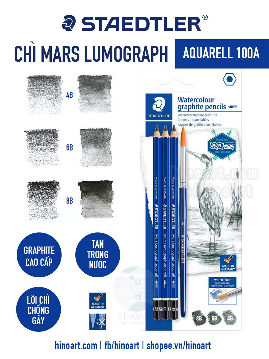 Set chì Staedtler Mars Lumograph Aquarell graphite pencils 4 cây (4B, 6B, 8B, cọ brush)