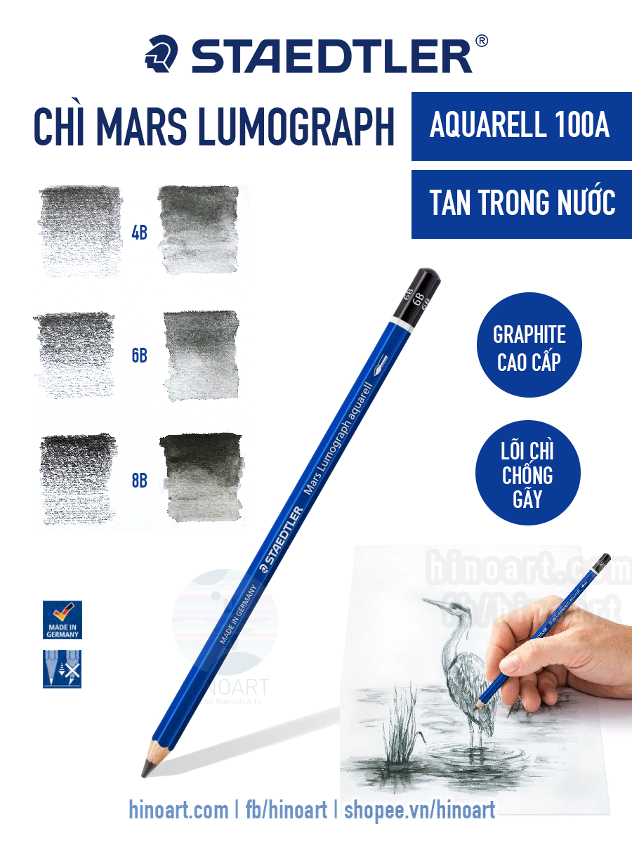 |Cây lẻ| Chì graphite tan trong nước Staedtler Mars Lumograph Aquarelle - 3 độ đậm