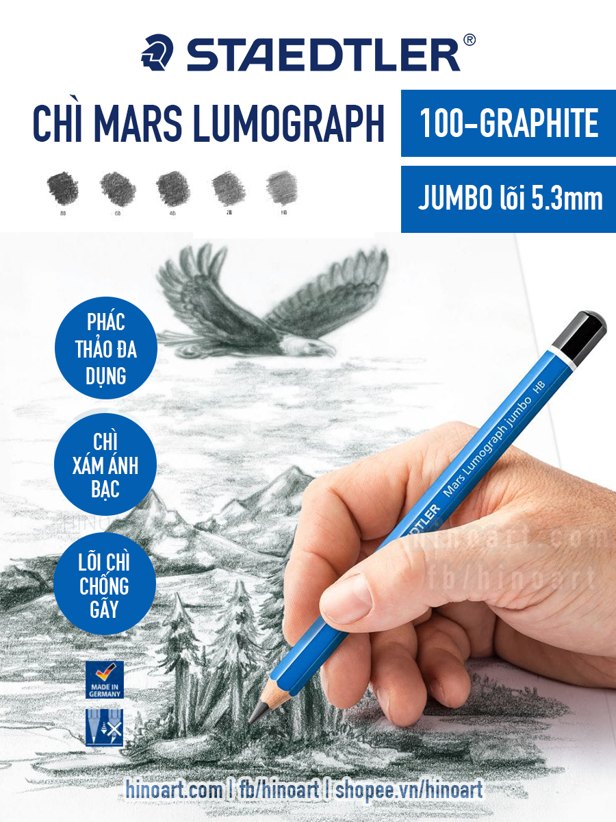 Bút chì graphite Mars Lumograph JUMBO - ngòi cỡ bự - nhiều độ đậm