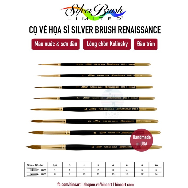 Cọ vẽ màu nước thân ngắn lông chồn Silver Brush Renaissance® Short handle Kolinsky brush