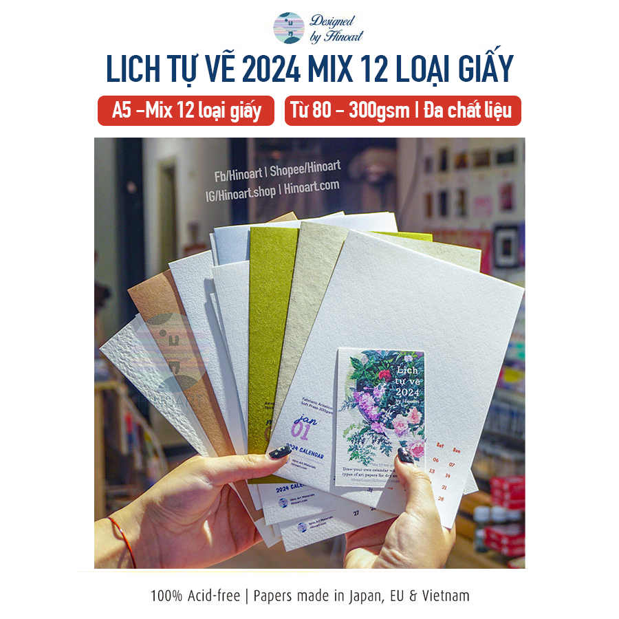 LỊCH TỰ VẼ 2024 mix 12 loại giấy - DRAW-YOUR-OWN Calendar with 12 different types of art papers for dry and wet media