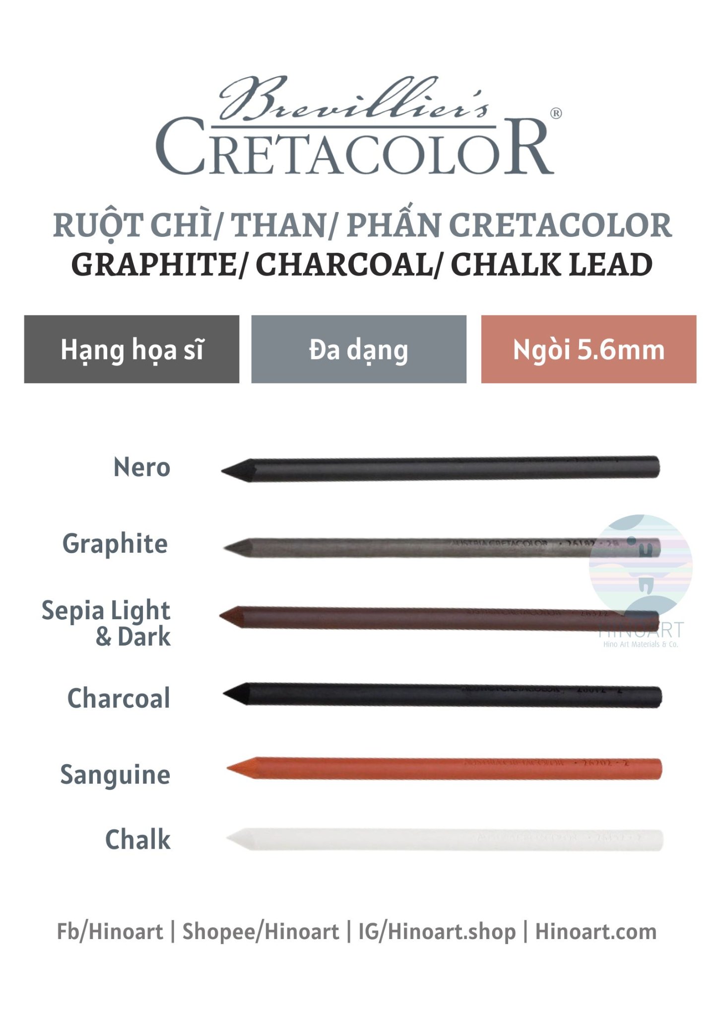 [LẺ] Ruột chì/ than/ phấn Cretacolor Graphite/ Charcoal/ Chalk Lead 5.6 mm