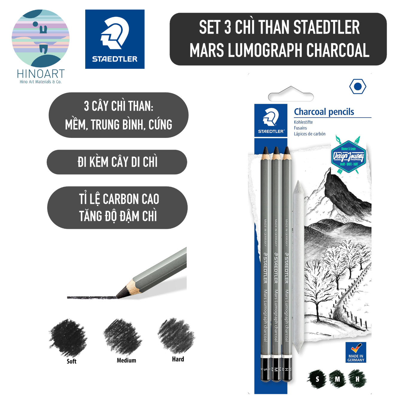 Set chì than Staedtler Charcoal Pencil 3 cây (soft, medium, hard Charcoal Pencils và 1 di chì)